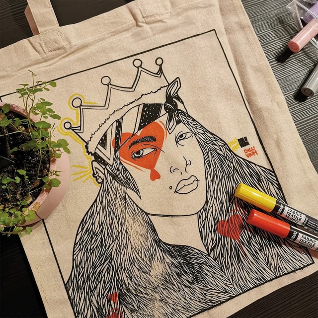 close up on a printed tote bag